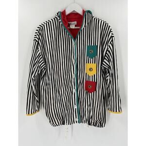 Vintage Robbie Sport Jacket Medium Black White Striped 80s 90s Retro Hooded
